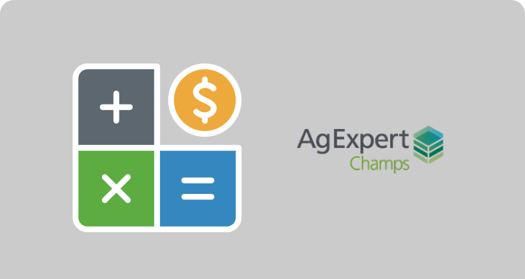 Graphic image of a calculator with a dollar sign and the AgExpert Champs logo