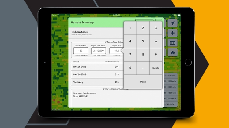 Screenshot of post-harvest yield adjustments in the FieldView App