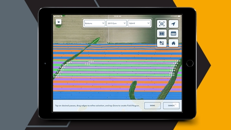 Screenshot of selecting desired passes to create a region report in the FieldView App