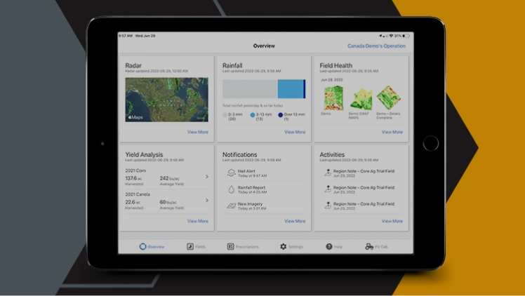 Screenshot of the FieldView App home screen with yield analysis status box