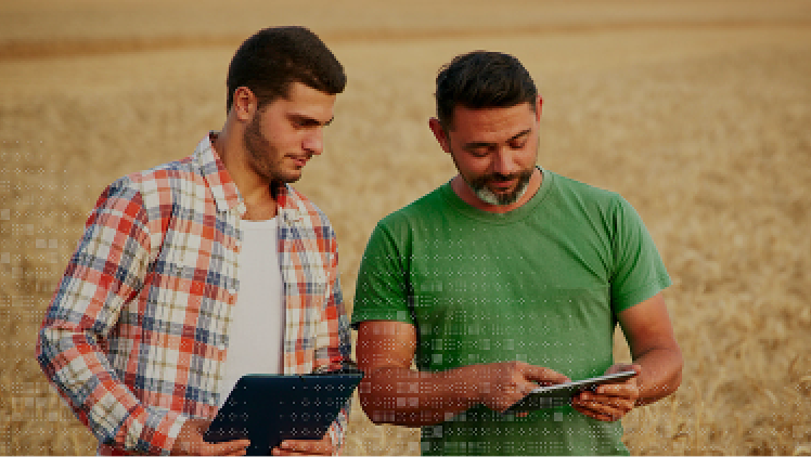 Two men standing in a field each with a tablet in their hands, looking at information on one of the screens