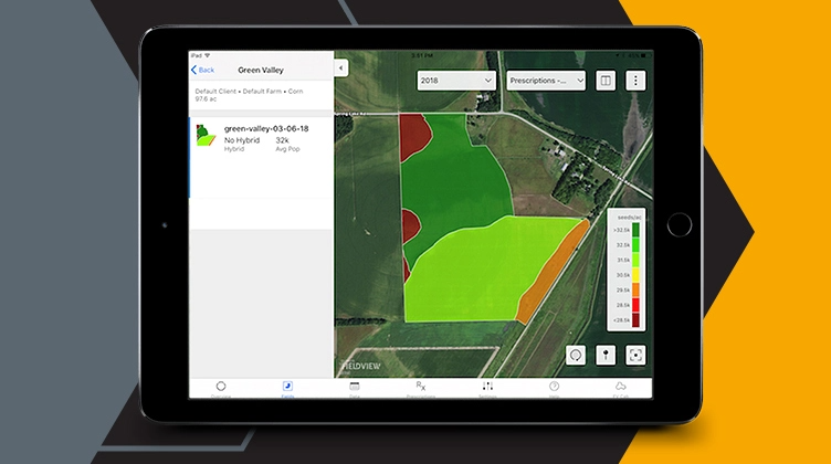 Decorative image of an iPad displaying the FieldView app showcasing the Field Health imagery tool