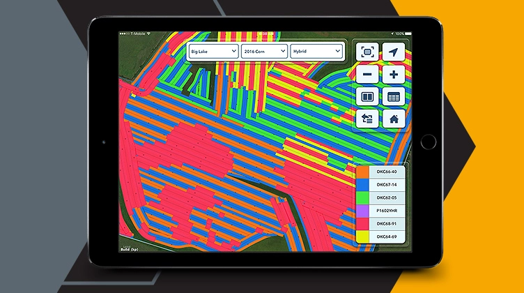 Decorative image of an iPad displaying the Climate FieldView app showcasing the Field Health split screen