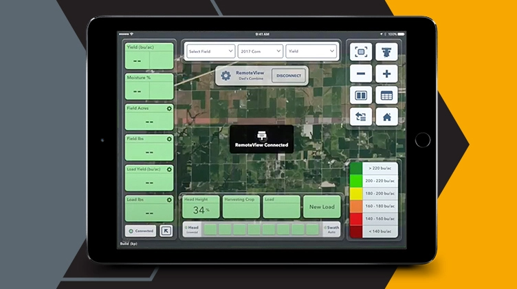 Decorative image of an iPad displaying the Climate FieldView app showcasing replant in the FieldView Cab